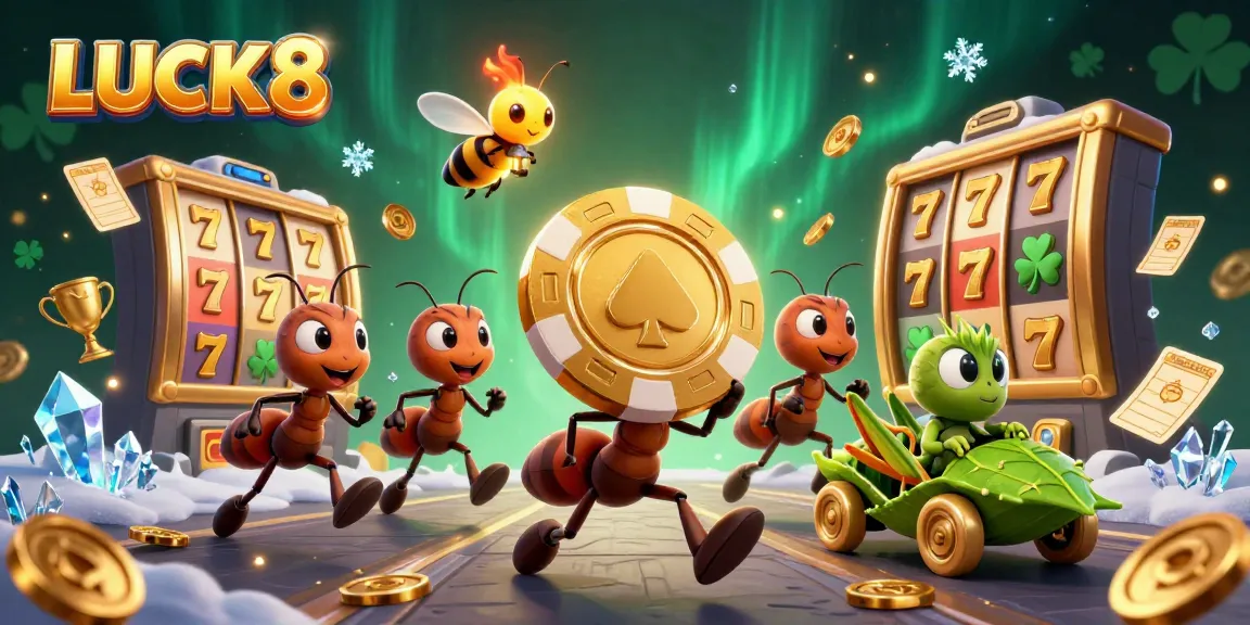 Join LUCK8 as ants carry a giant poker chip through a thrilling heist in a vibrant casino world.