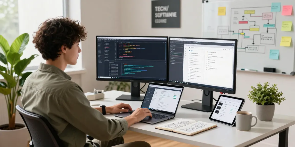 Build internal tools with AI in an innovative workspace featuring coding on screens, notepad sketches, and motivational decor.