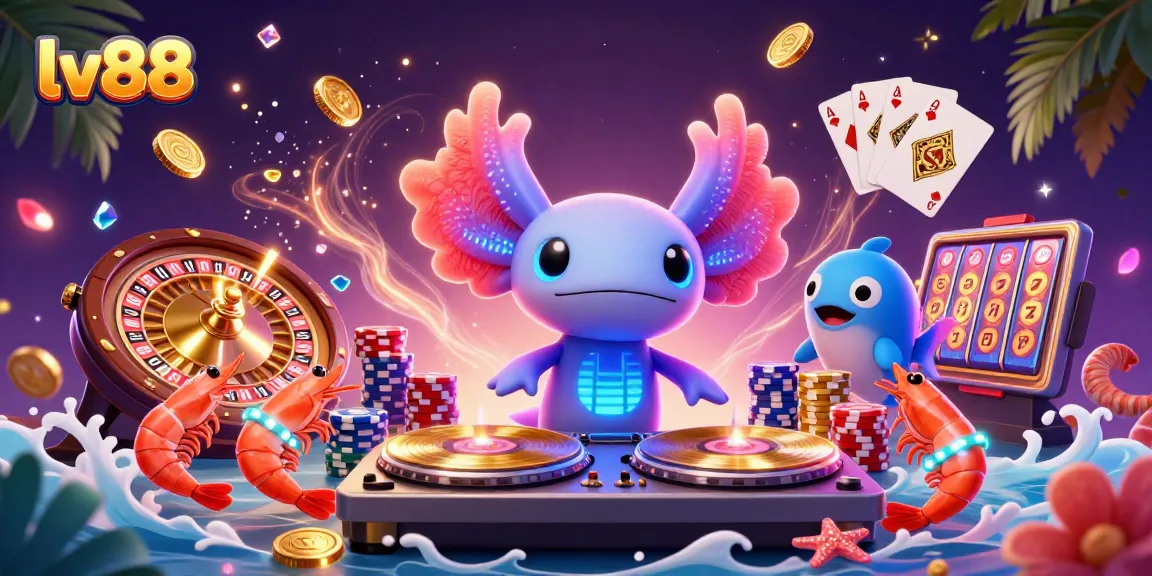 lv88 casino illustration with axolotl DJ and shimmering gaming elements