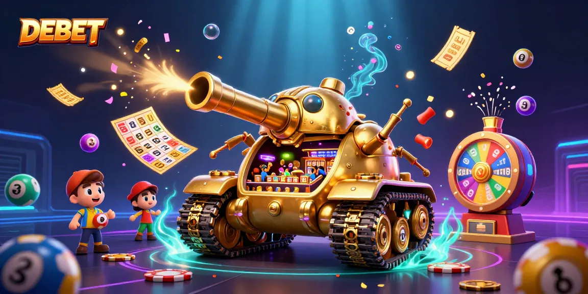 Experience the excitement of DEBET with dynamic lottery elements, golden casino themes, and vibrant colors.