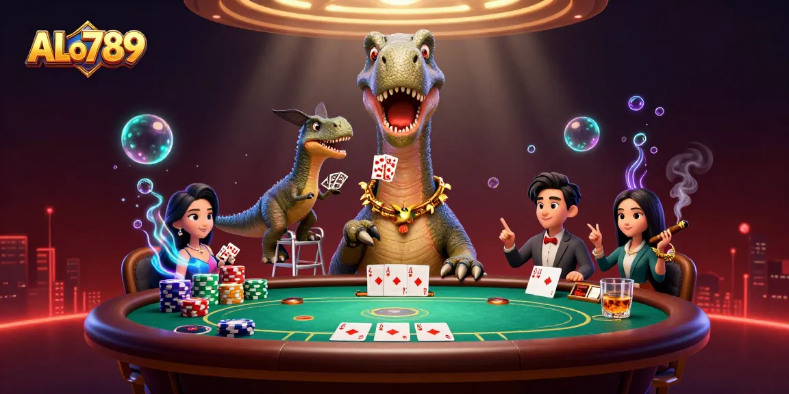 Engage in thrilling ALo789 card deals with an imaginative dinosaur poker scene.