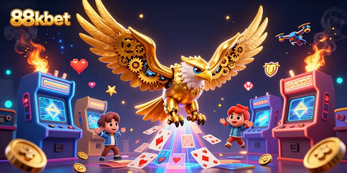Experience the excitement of 88kbet through a vibrant 3D casino illustration showcasing thrilling games and rewards.