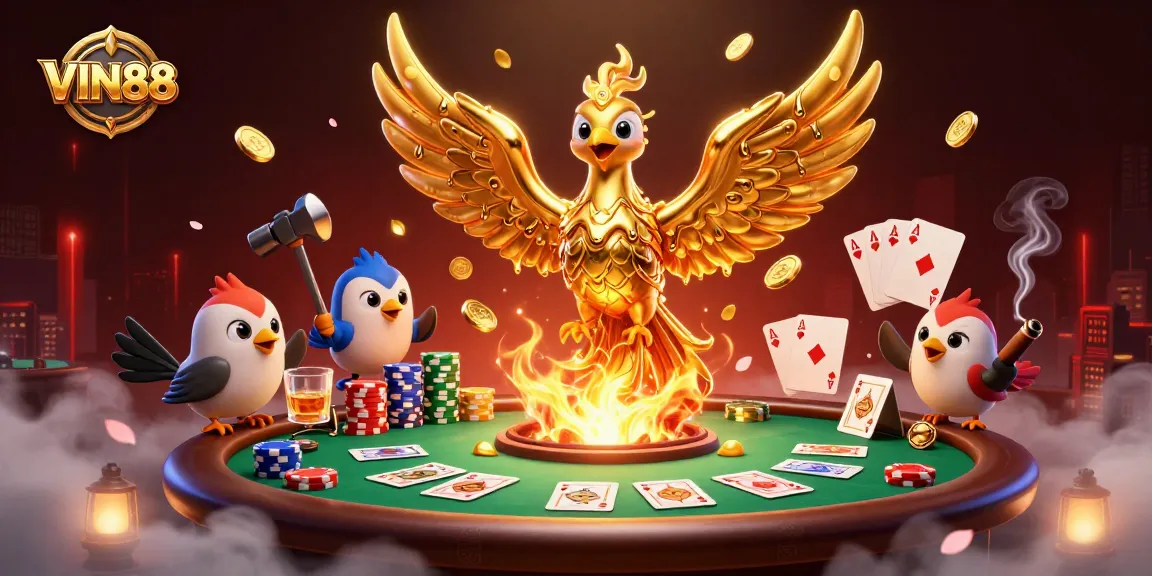 Experience the excitement of VIN88 with vibrant casino elements featuring a golden phoenix and poker action.