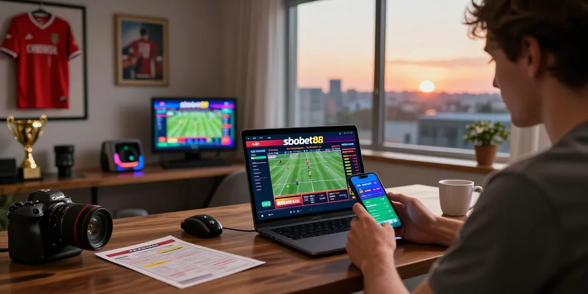 Pengguna sbobet88 menikmati taruhan bola di laptop dengan suasana nyaman di rumah.