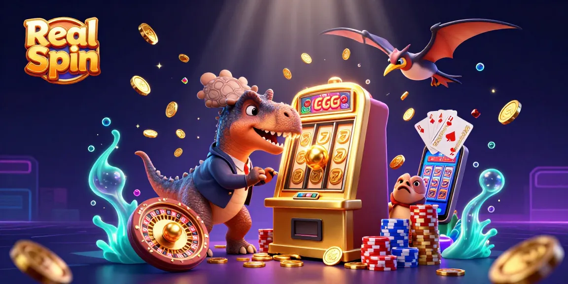 Speel Real Spin met een cartoon dino die een gouden gokkast aanvalt voor jackpots.