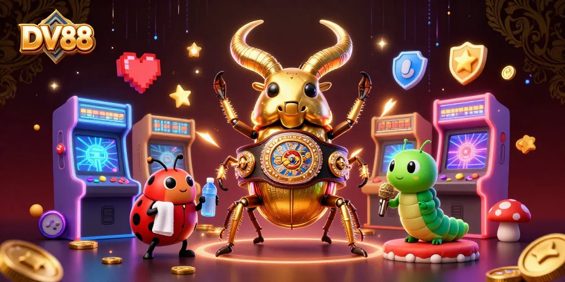 Experience the excitement at DV88 with a vibrant 3D casino scene featuring unique characters competing in a dynamic atmosphere.