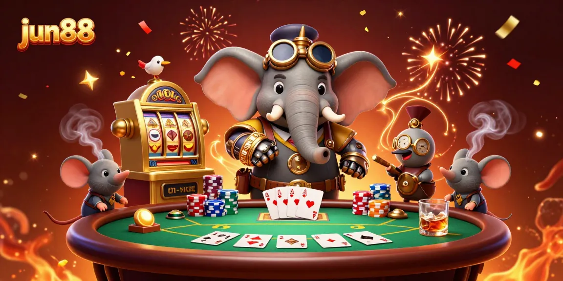 Experience epic gaming with jun88's lively illustration, showcasing a steampunk world of slots and poker.