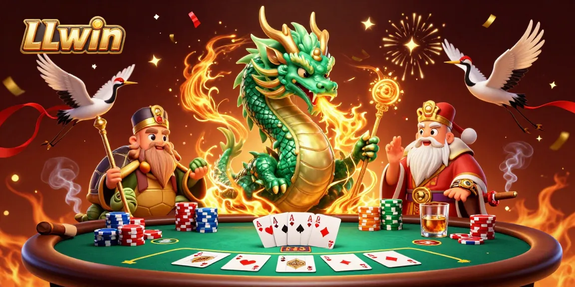 Engage with LLwin's immersive poker experience featuring a vibrant dragon, wise turtle, and lucky cranes