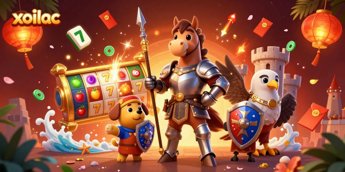 Experience xoilac casino excitement with a knight, puppy, and falcon amidst dynamic slot action.