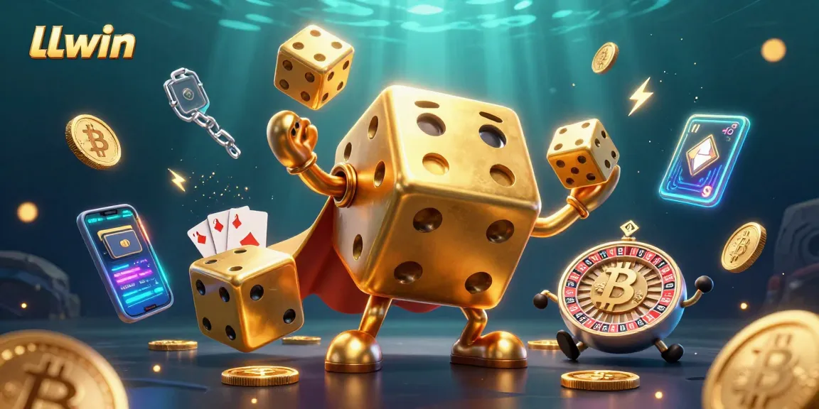 LLwin showcases a vibrant 3D scene featuring a golden dice golem, juggling dice amid captivating crypto elements, enhancing your betting experience.