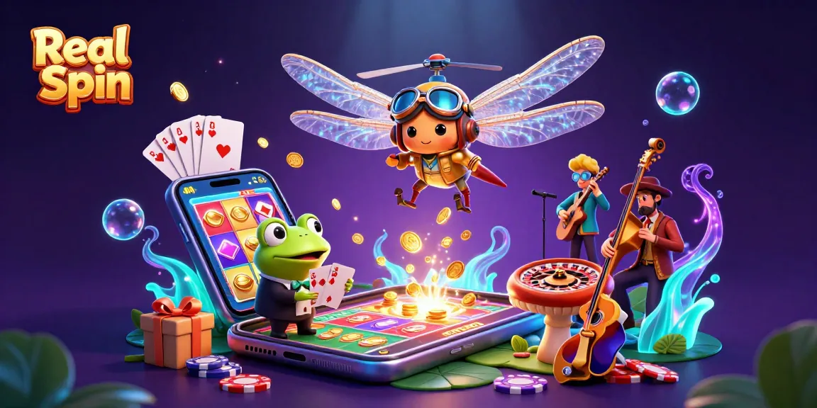 Experience the thrill of Real Spin casino with dynamic characters and vibrant gaming elements.