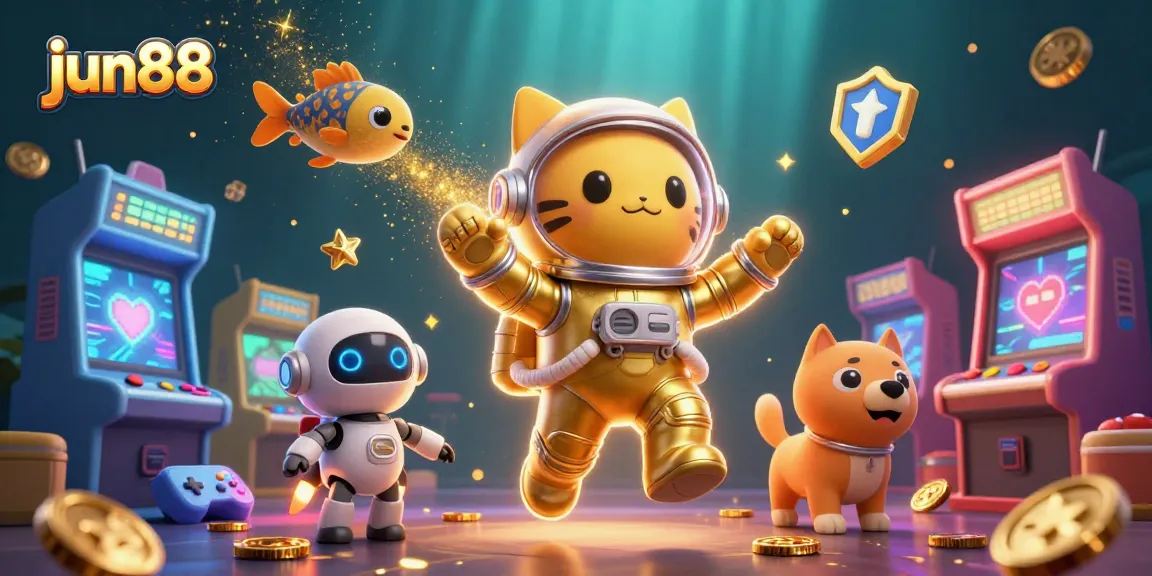 Engage with jun88's thrilling games through vibrant 3D illustrations of a space cat and its robot dog.