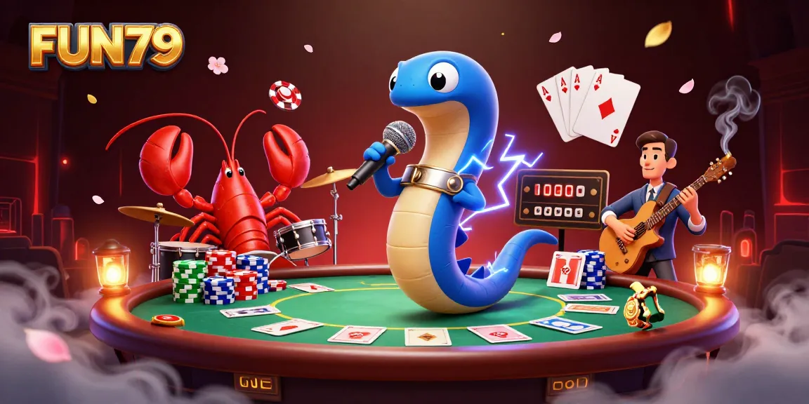 Join the FUN79 electric eel as it performs in an underwater casino, with poker action surrounding!