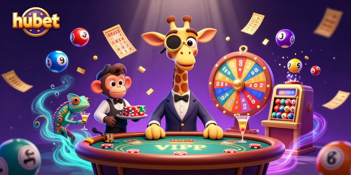 Experience the thrill of hubet casino with colorful lottery elements and dynamic 3D characters.