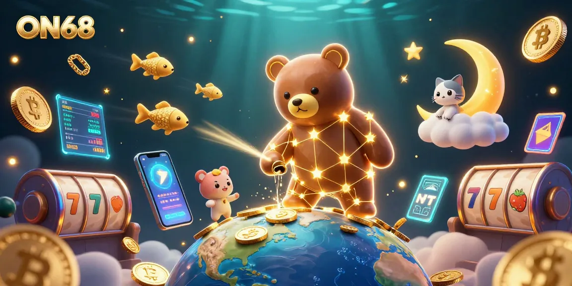 Engage with ON68 as the constellation bear reaches for jackpot coins amidst vibrant casino elements.