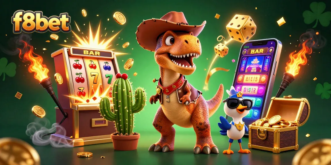 Experience thrilling gaming at f8bet with a dynamic casino scene featuring a T-Rex and friends.
