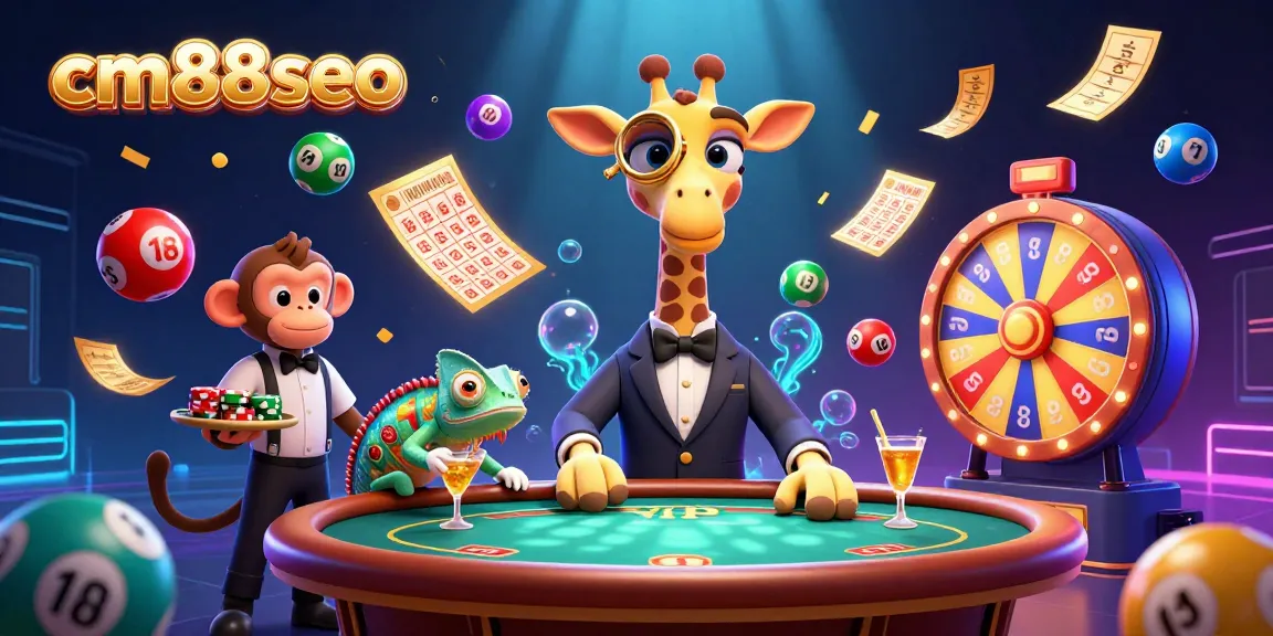 Experience an exciting cm88seo gaming scene with vibrant lottery elements and charismatic characters.