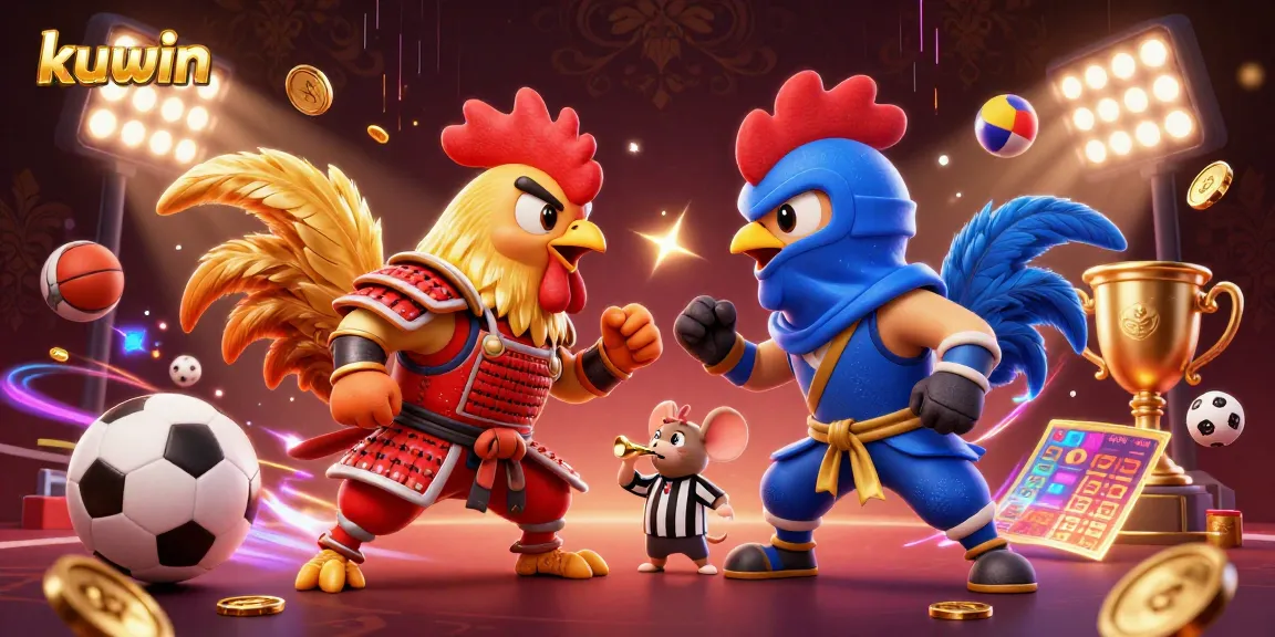 Kuwin offers an exciting visual of 3D cartoon fighting roosters in a thrilling standoff amid dynamic gaming elements.