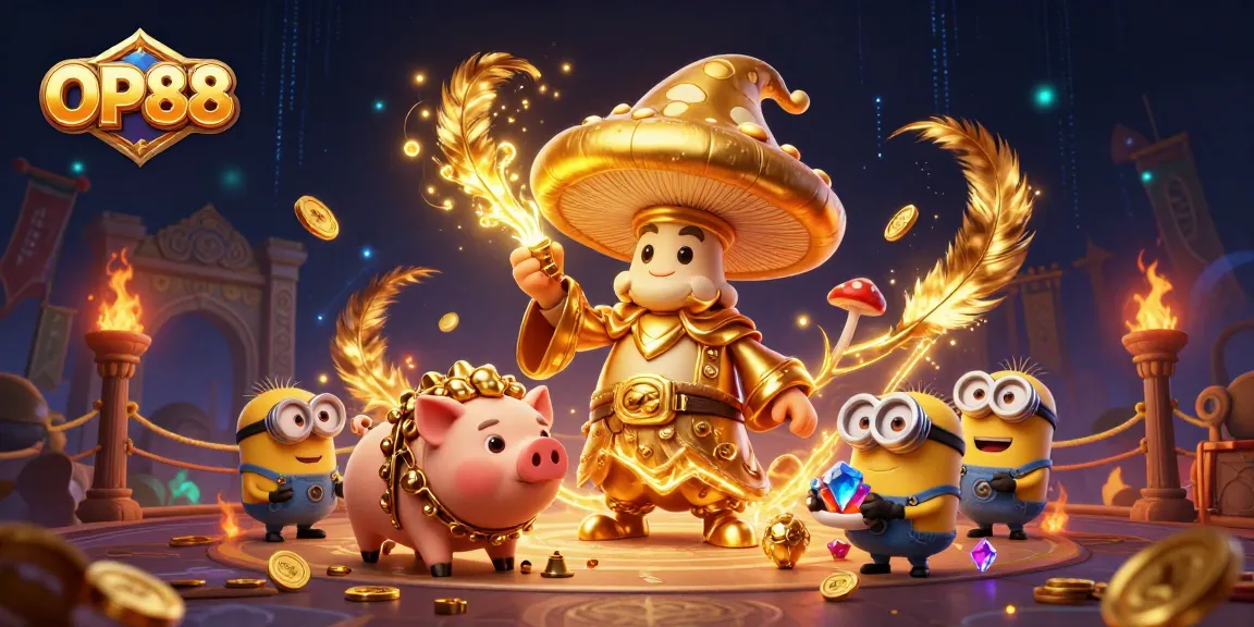 Experience OP88's magic as the golden wizard channels treasures and excitement in this vibrant 3D casino scene.