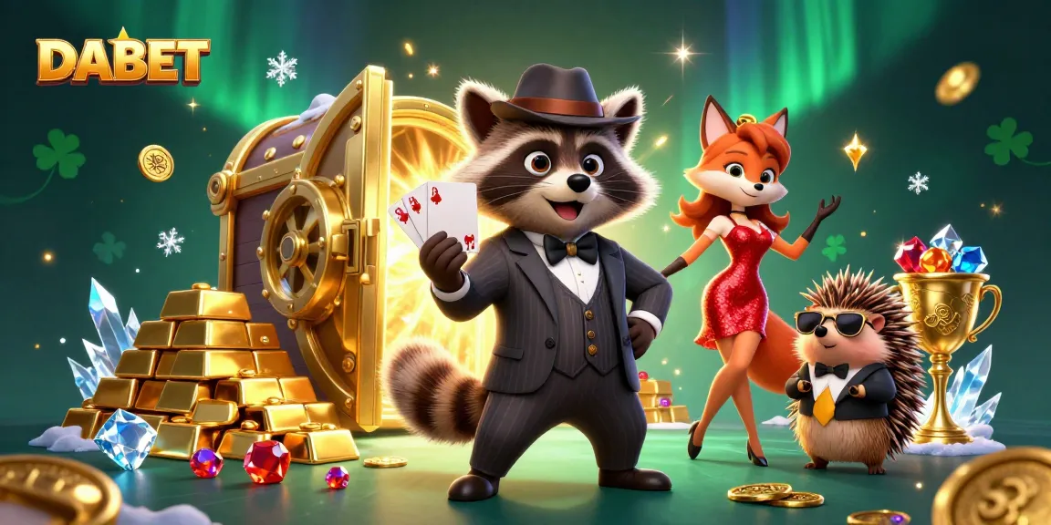 DABET casino scene featuring a raccoon, fox, and hedgehog in a glamorous environment celebrating wins.