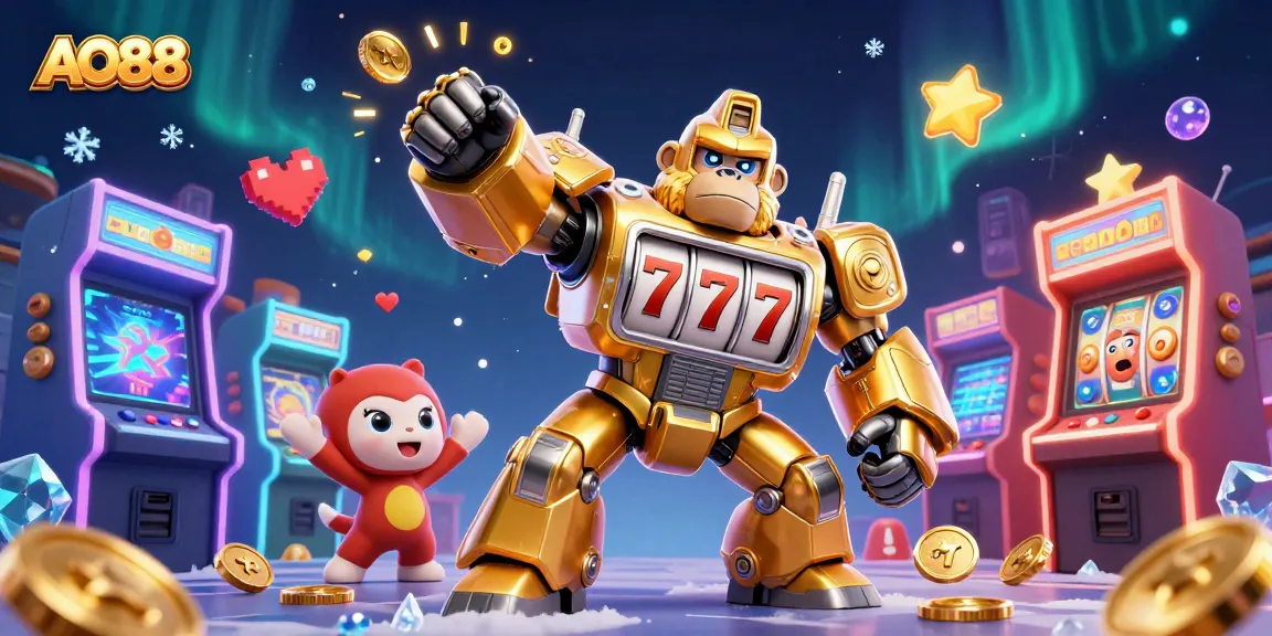 Experience thrilling wins at AO88 with a golden gorilla mech and colorful casino elements.