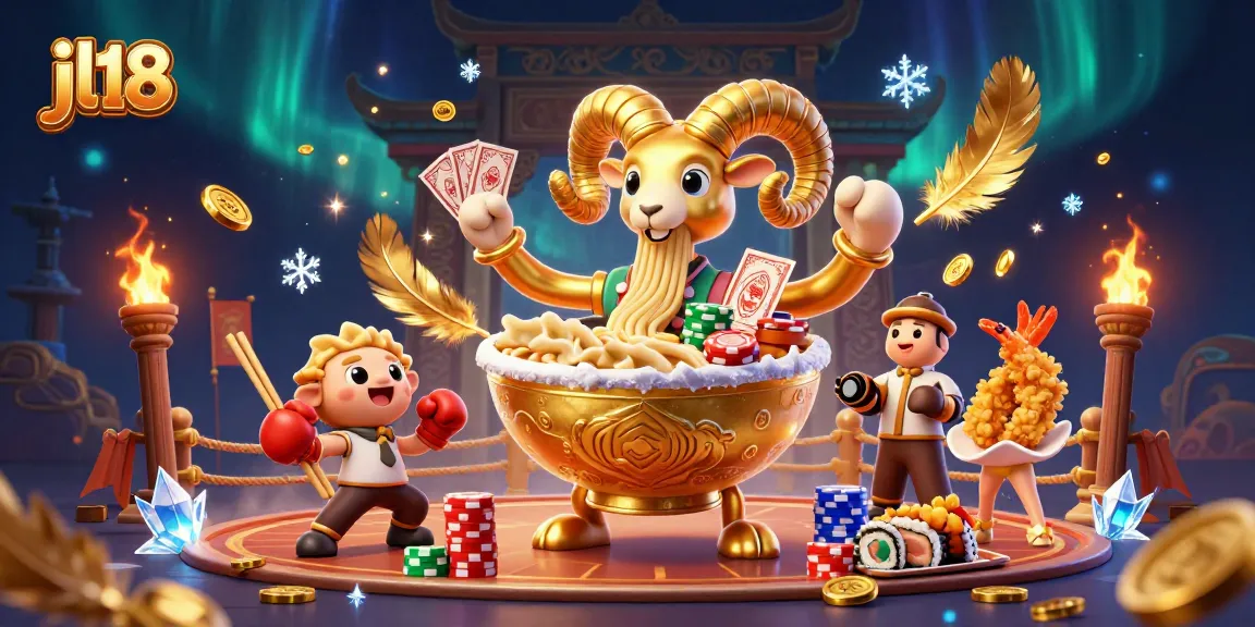 Engage with the vibrant jl18 casino scene featuring a golden ramen bowl dealer amidst dynamic game elements.