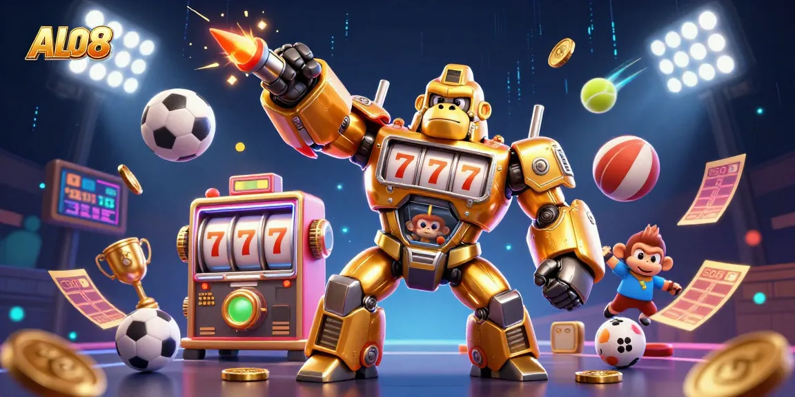 Engage with ALO8's vivid gaming experience in a dynamic 3D casino scene featuring vibrant gambling elements.