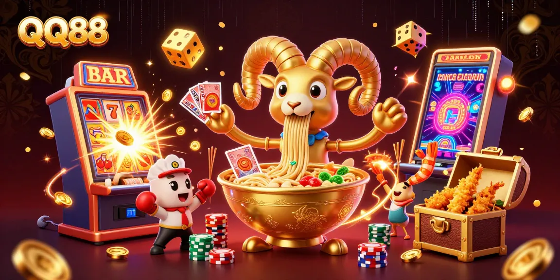 Experience QQ88's vivid gambling scene with playful characters amidst exciting casino elements.