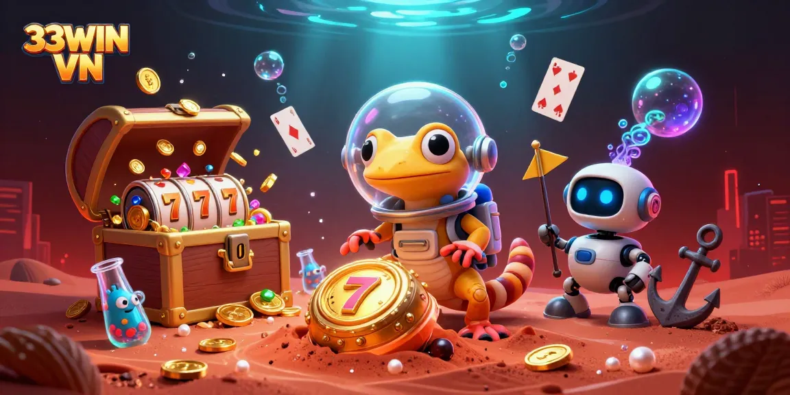 Experience the thrilling world of 33WIN VN with vibrant games, slot reels, and winning chances.