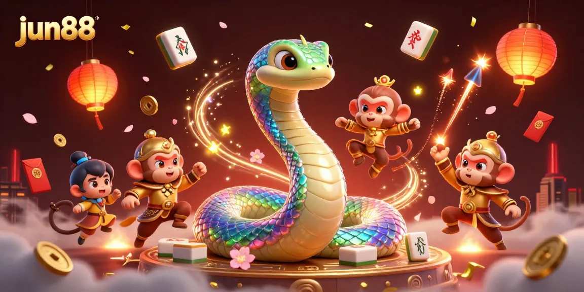Win big at jun88 with a vibrant, colorful 3D casino scene featuring a playful monkey king and a shimmering rainbow serpent.