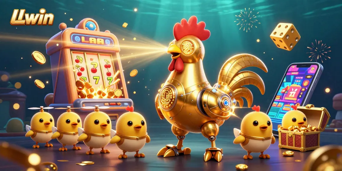 Engage with LLwin's colorful casino scene featuring a dazzling 3D slot machine and vibrant game elements.