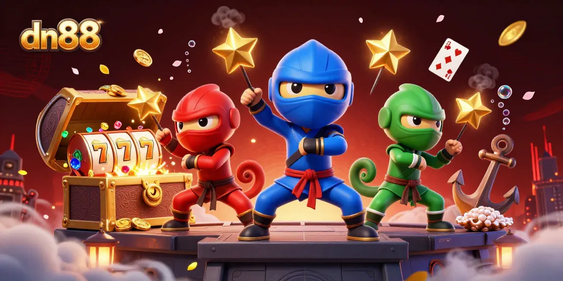 Experience thrilling gameplay with dn88 as three ninja chameleons showcase martial arts on a vibrant casino rooftop.