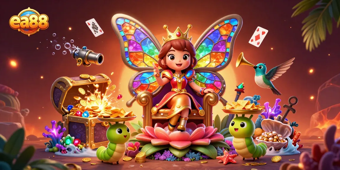 Experience the vibrant world of ea88 with a butterfly queen amid rich casino elements.