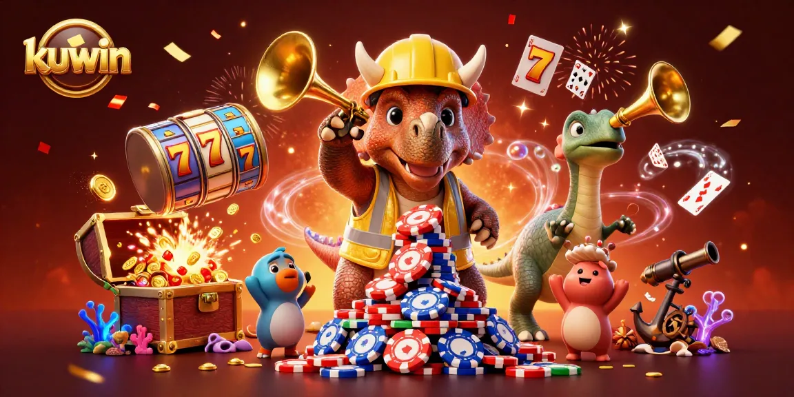 kuwin players enjoy a vibrant casino scene with triceratops building poker chips amid slot games