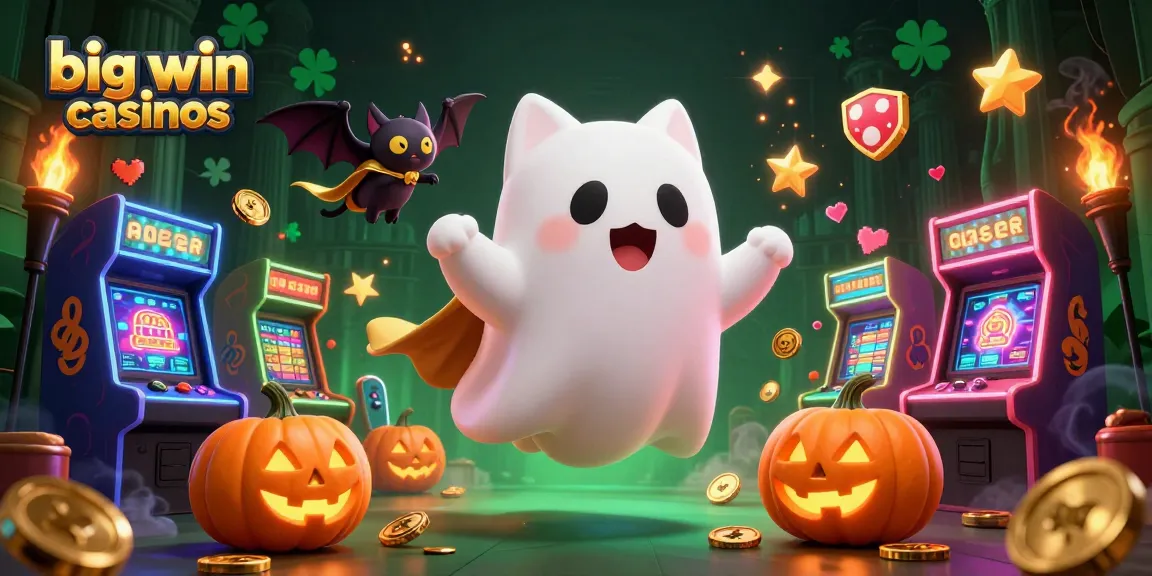 Experience thrills in big win casinos with a playful ghost cat and vampire bat in a haunted scene.