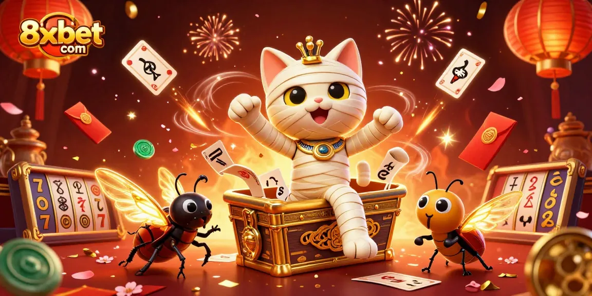 Engage with the vibrant world of 8xbet com featuring an Egyptian mummy cat in a lively pyramid casino.