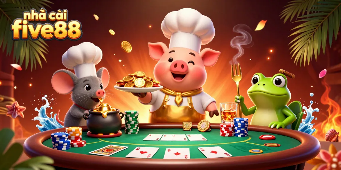 nhà cái five88 showcases vibrant casino activity with a chef pig, mouse, and frog enjoying poker