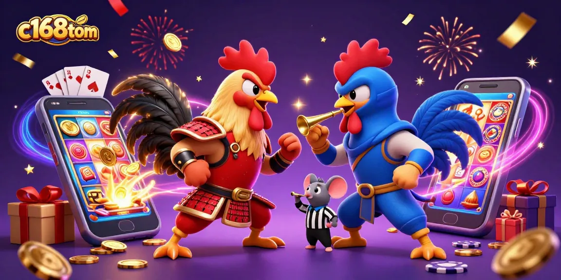 Engage with c168tom's thrilling showdown between roosters in vibrant 3D casino elements.