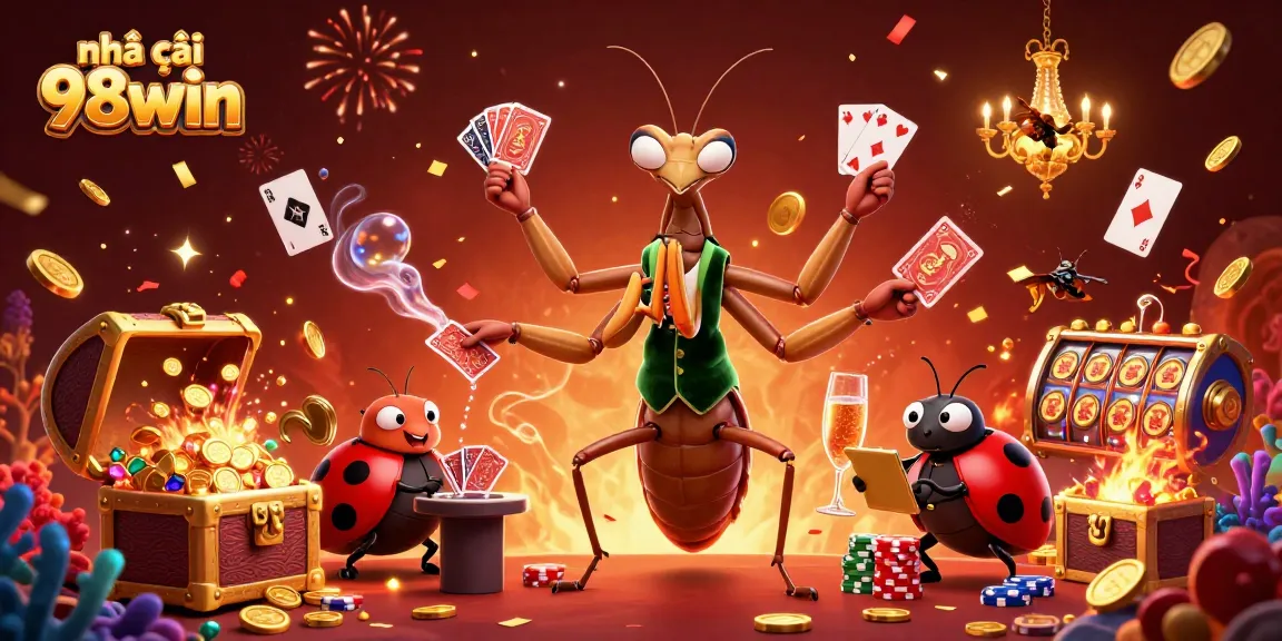 Celebrating at nhà cái 98win: Casino scene with giant praying mantis, ladybug pit boss amid confetti.