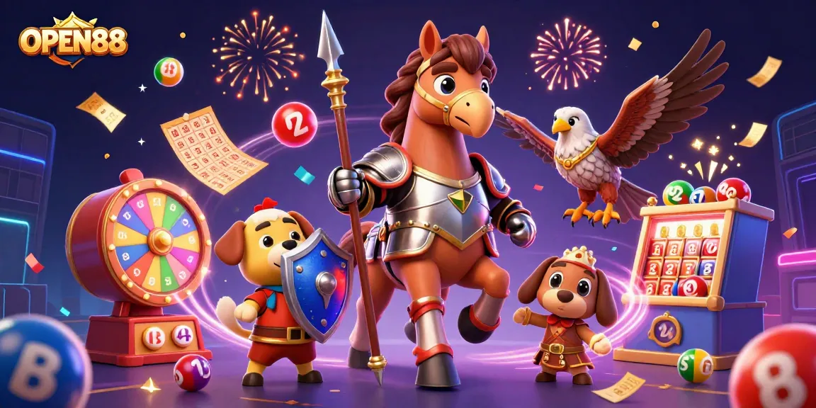 Experience the excitement of OPEN88 with colorful lottery elements and a dynamic medieval scene.