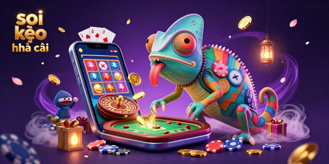 Engage with soi kèo nhà cái as the chameleon casino owner captures golden coins amidst vibrant gambling elements.