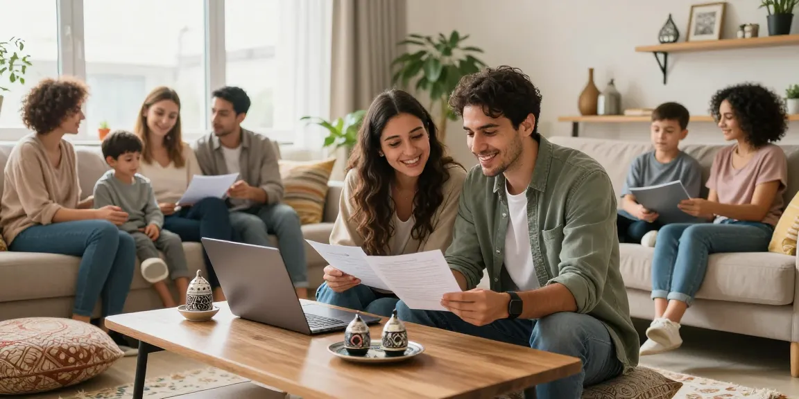 Couple exploring Turkish Citizenship by Marriage in a warm family setting, sharing documents and joyful moments.